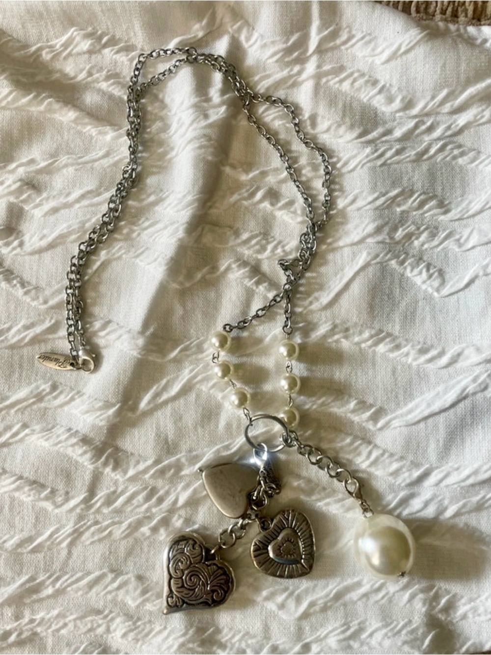 Plunder Silver Heart Charm Necklace with Pearl Drops